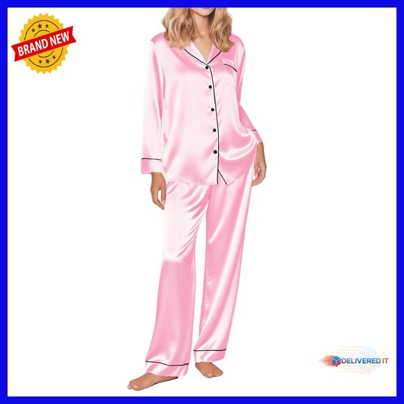 Silk Satin Pajama Set Long Sleeve Button Up Loungewear S-XXL